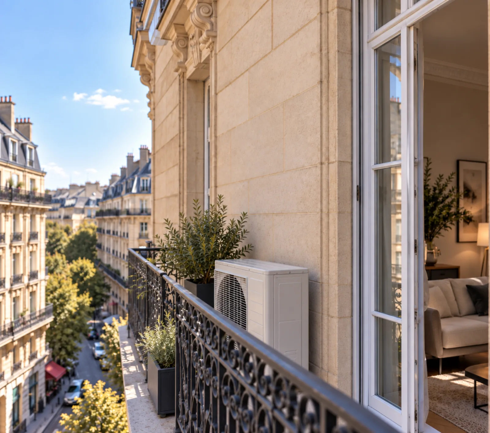 Climatiseur split installé sur un balcon parisien, façade haussmannienne et vue sur la rue