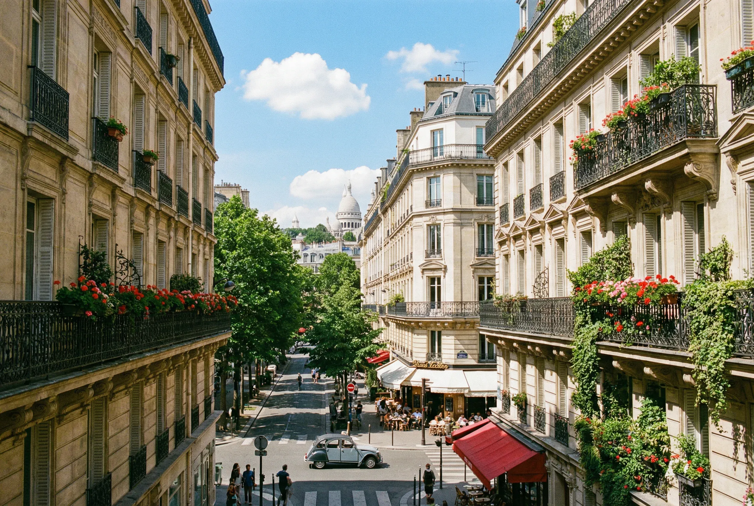 Rue parisienne bordée d'immeubles haussmanniens, le Sacré-Cœur en arrière-plan