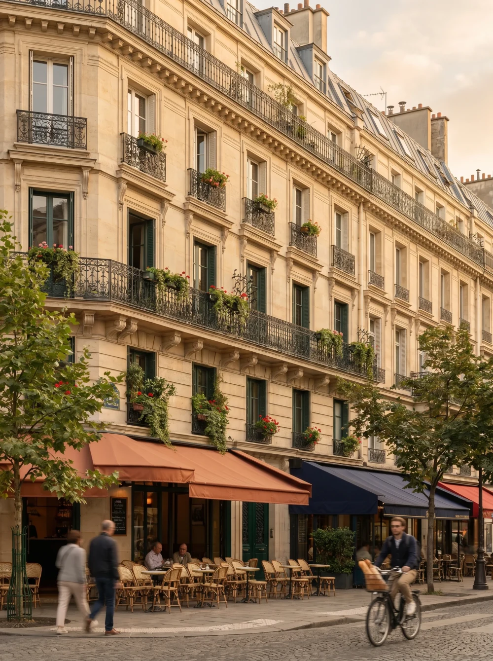 Façade d'immeuble haussmannien parisien avec terrasse de café