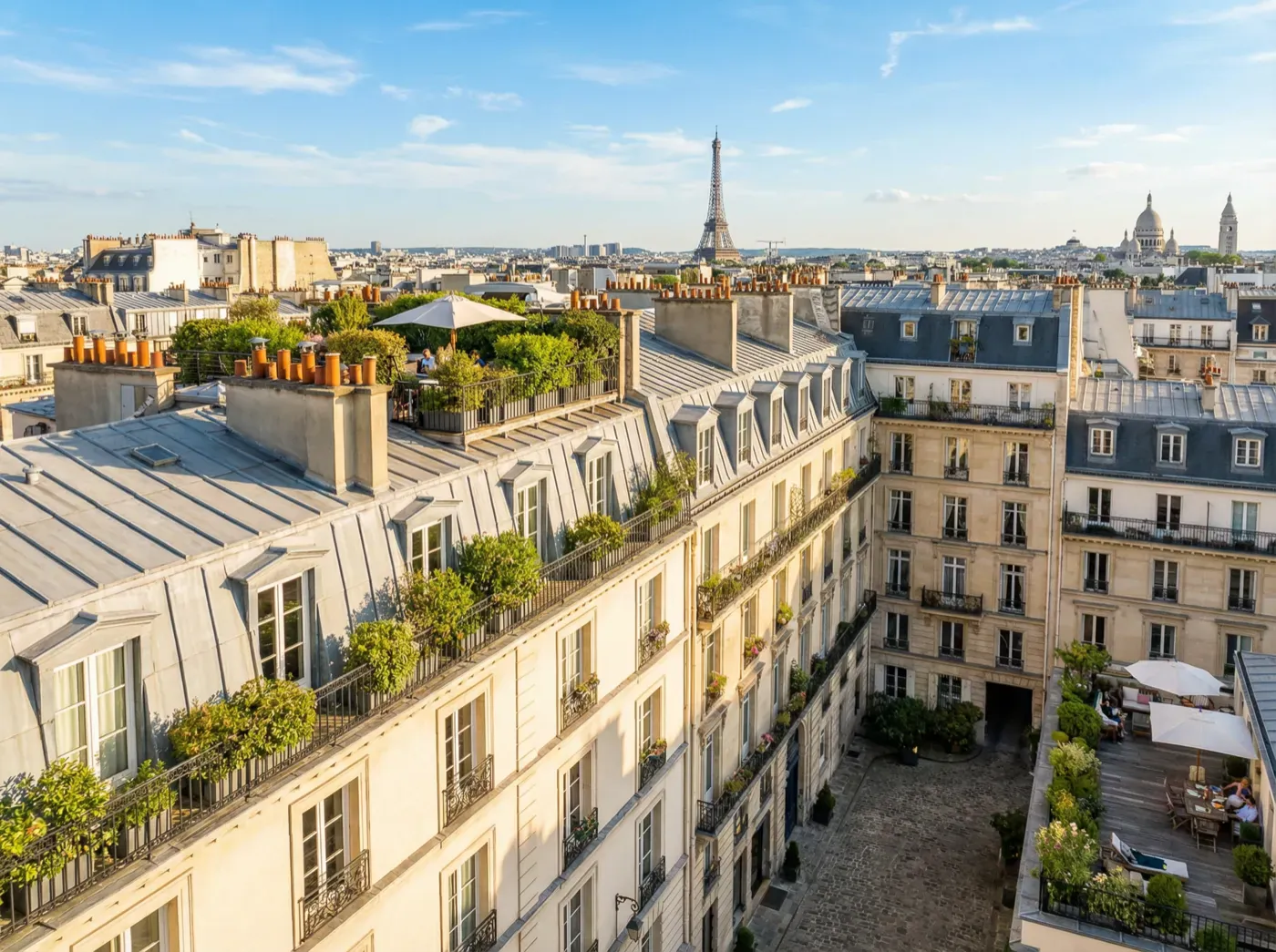 Panorama des toits de Paris, la Tour Eiffel et le Sacré-Cœur à l'horizon